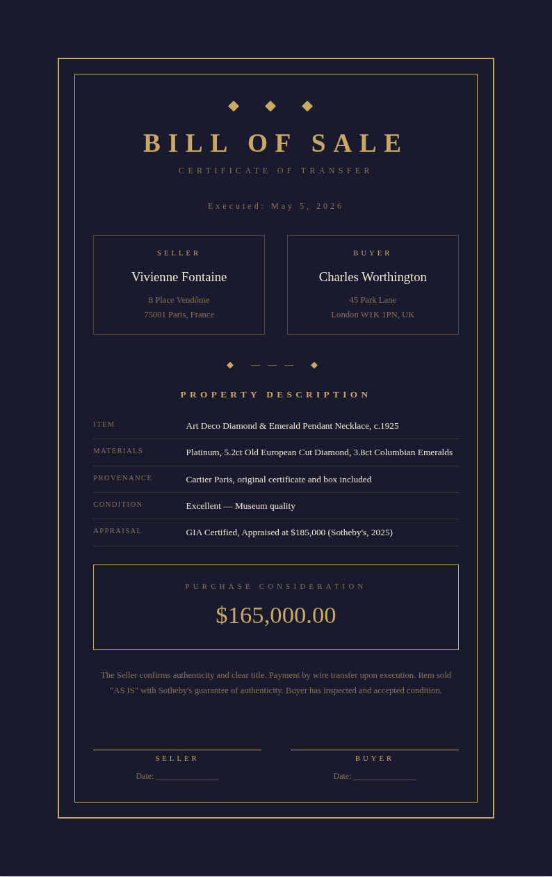 Art Deco Modern Bill Of Sale